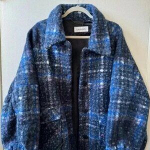 NWT Calvin Klein Plaid Shirt Jacket Coat Blue Plaid Collar Fleece $280